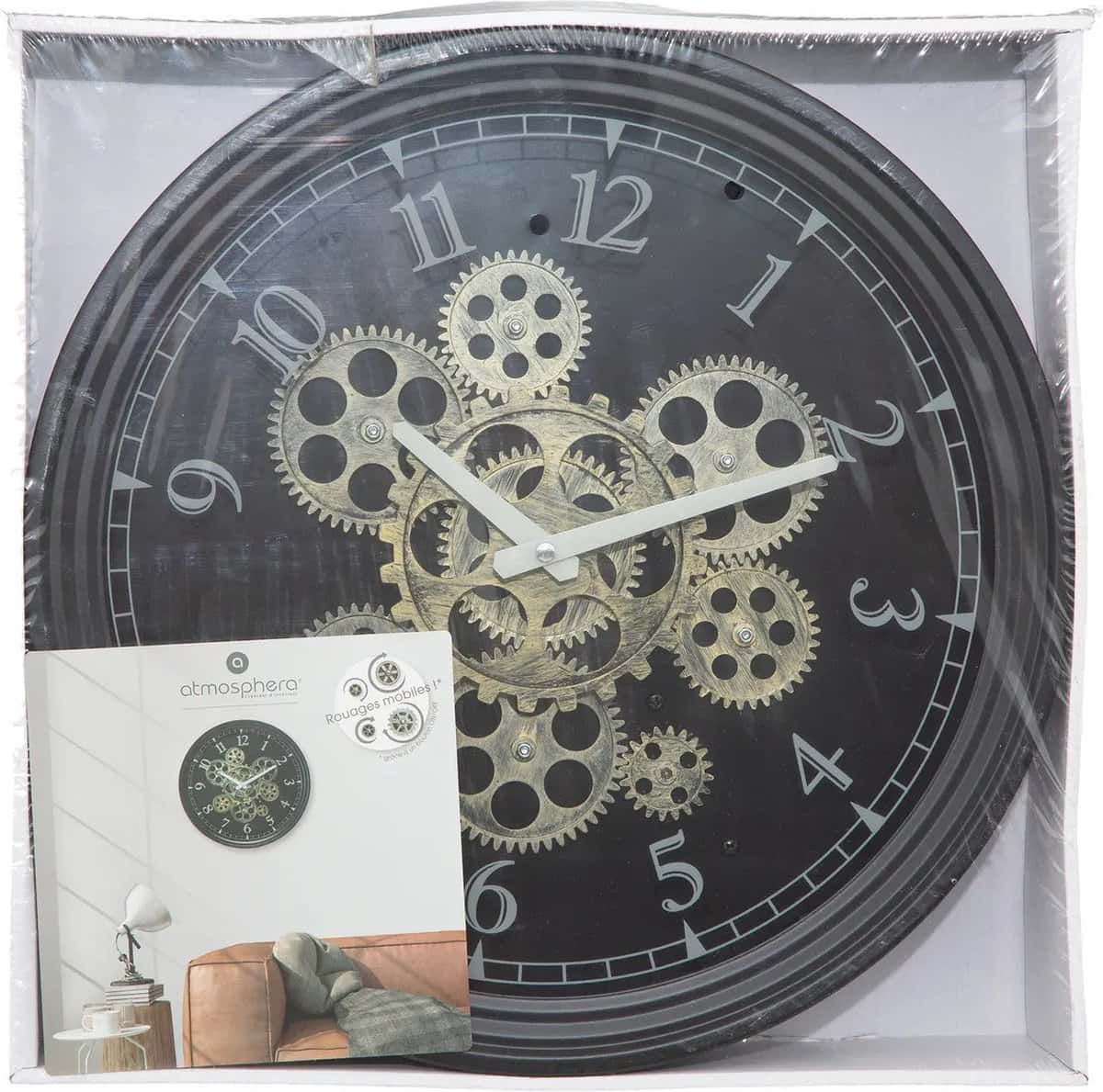 WANDUHR METALL MIT DREHENDEN ZAHNRÄDERN - SCHWARZ - DURCHMESSER 37 CM