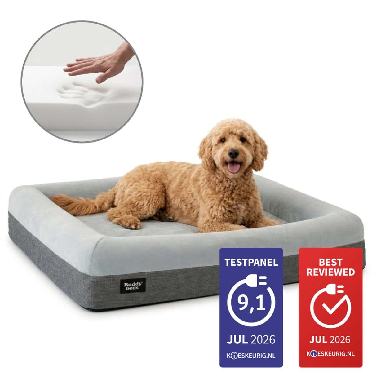 Buddy Beds Orthopädisches Hundebett 100cm - Luxus-Hundebett & Kissen - Wasserdicht, Waschbar & Rutschfest - Bezug mit Reißverschluss - Grau - MEDIUM - 94x74x20 cm